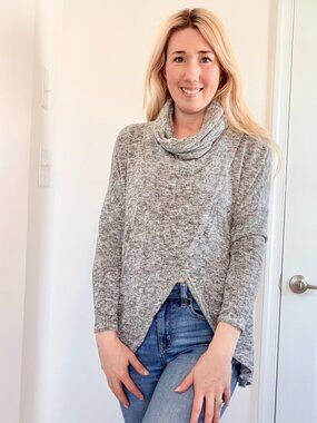 Gray Cowl Neck Wrap Sweater Soft Cozy Asymmetrical Hem Small